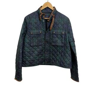 Polo Ralph Lauren Quilted‎ Jacket Womens L Navy Green Plaid Leather Trim